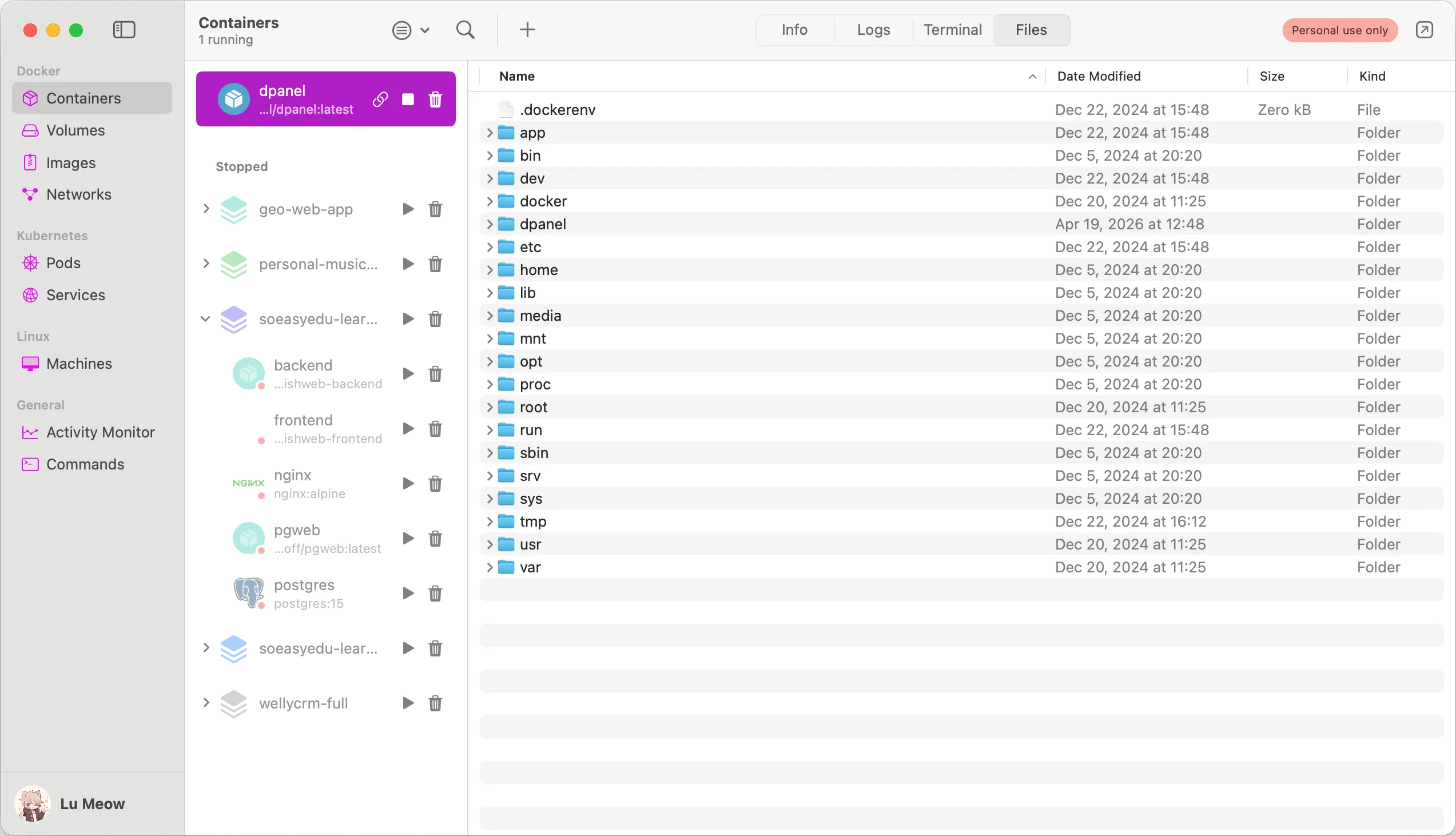 OrbStack's Files tab lets you browse a container's filesystem like in Finder