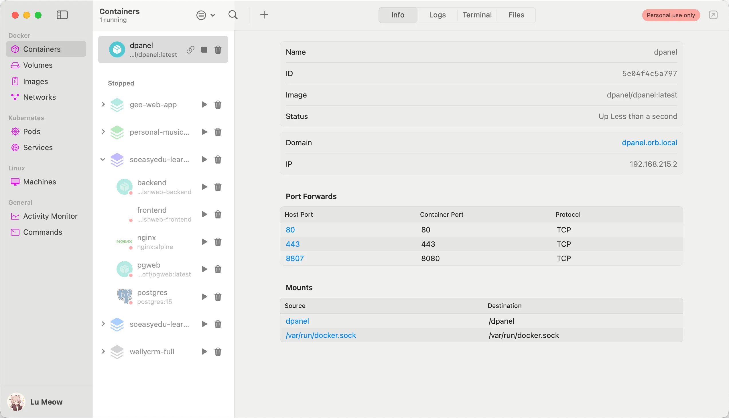 OrbStack's Info tab showing container basics, port forwards, and mounts