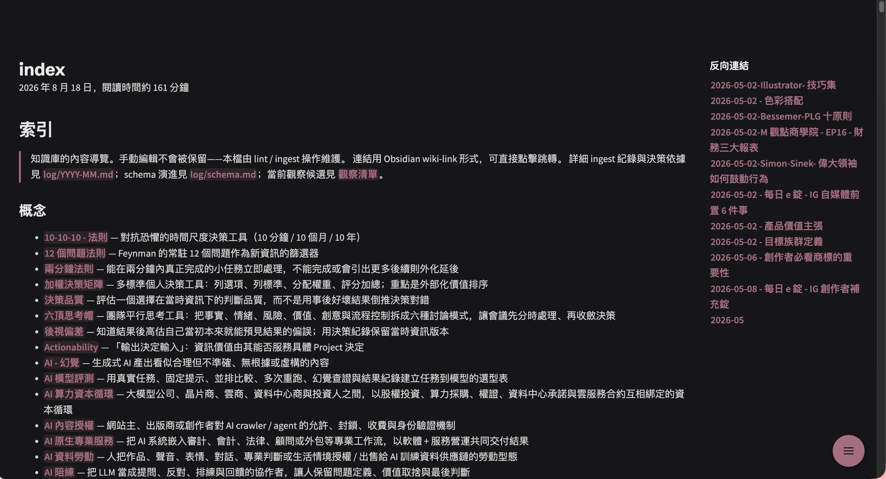 know.lumakes.com 的知識結構網頁索引，列出概念與反向連結