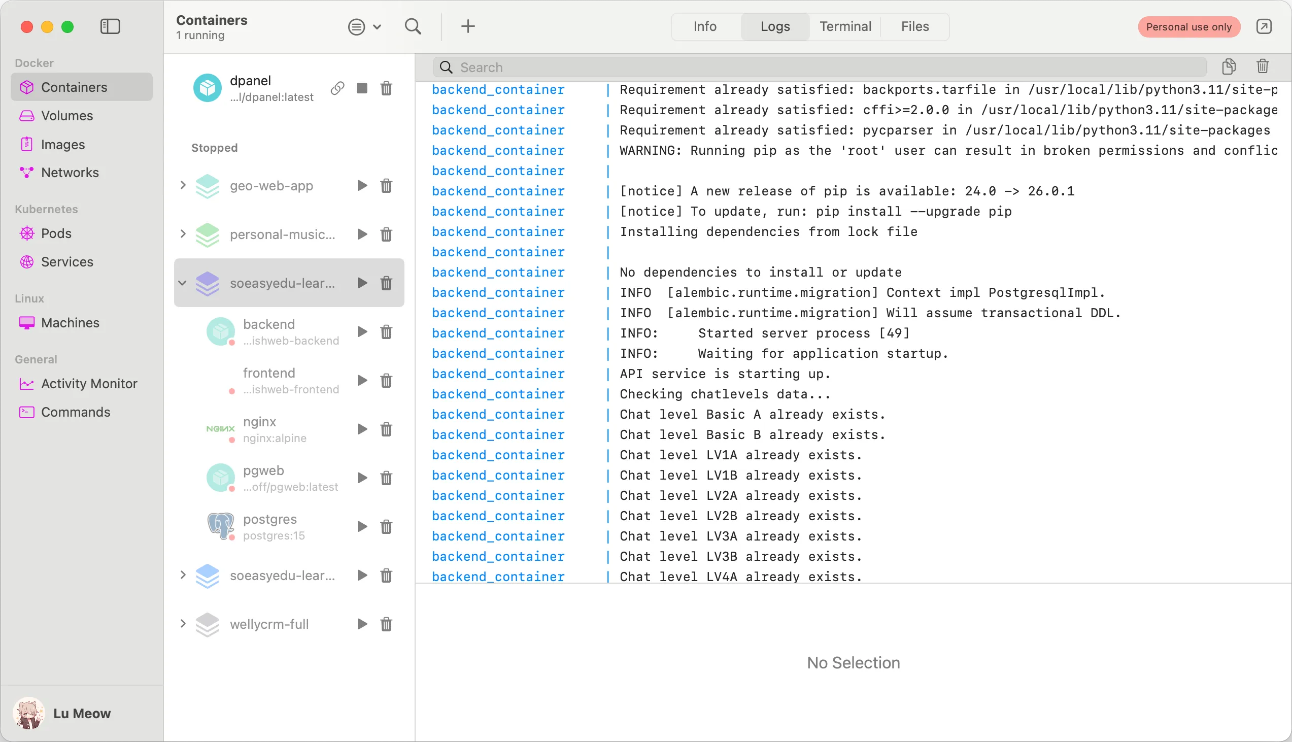 OrbStack's Logs tab showing merged log view across multiple containers