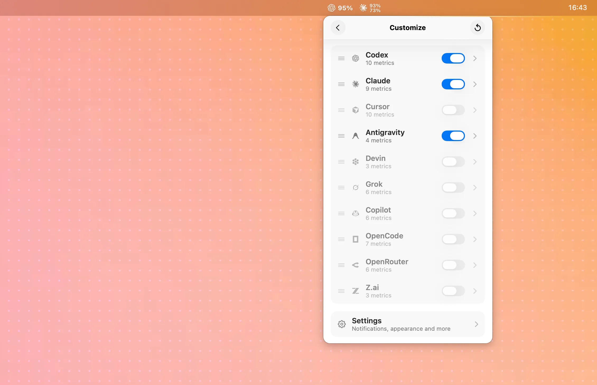 OpenUsage menu bar popover 列出 Claude, Codex, Cursor, Copilot, Devin, Grok, OpenRouter, Z.ai, and Antigravity