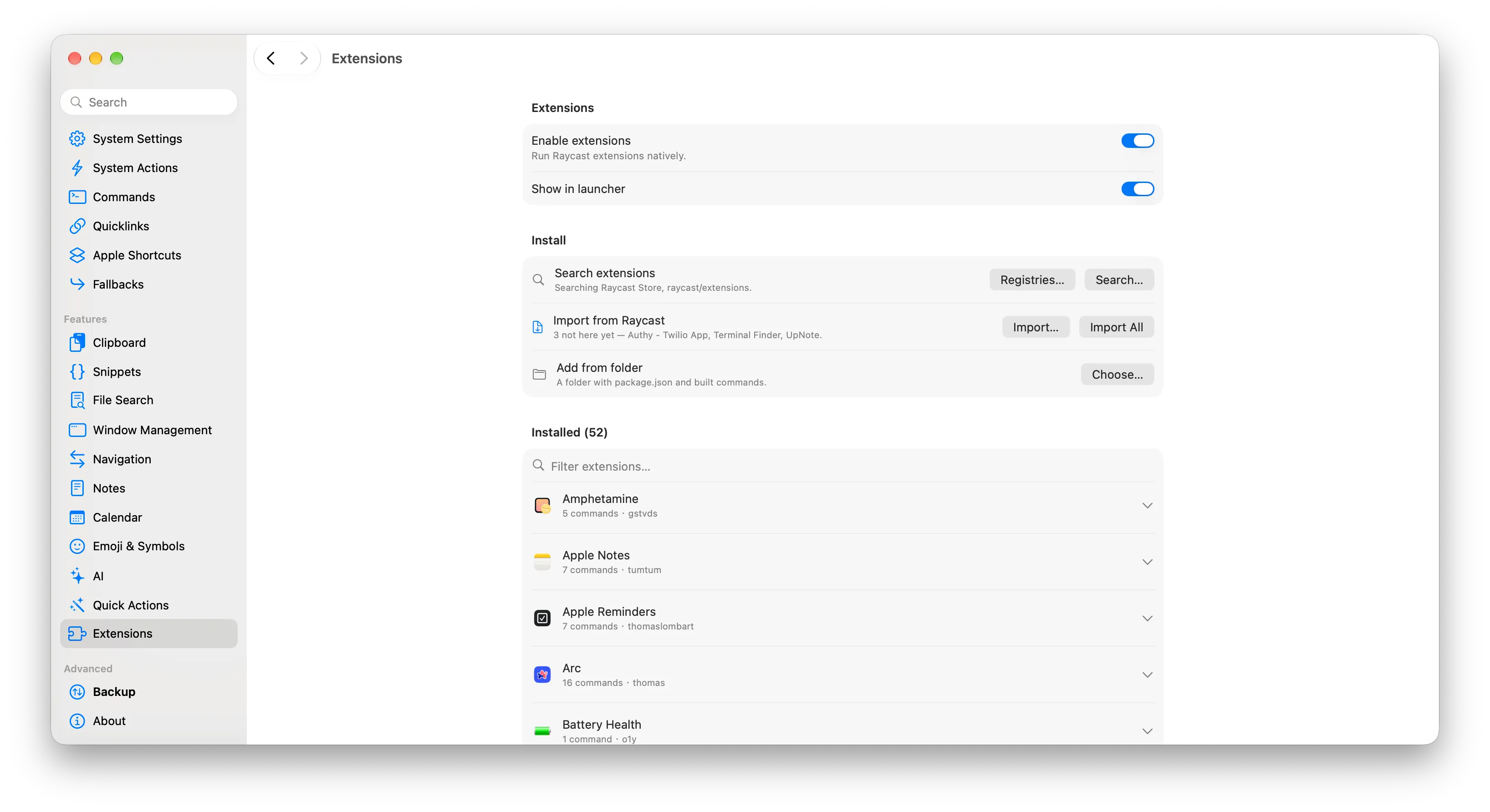 Tinycast 的 Extensions 設定，顯示從 Raycast 匯入插件的 Import 與 Import All 按鈕