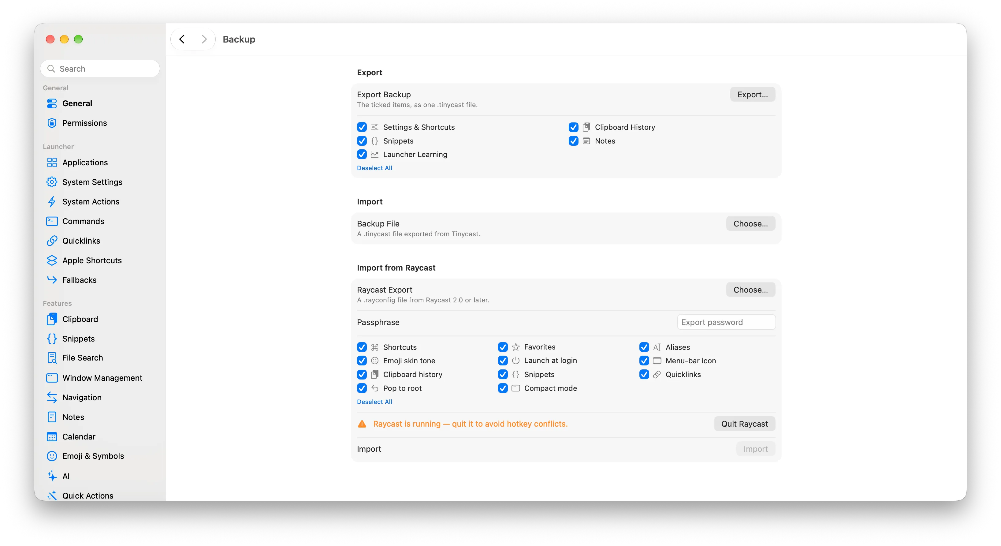 Tinycast 的 Backup 設定，顯示從 Raycast 匯入快捷鍵、Snippets、剪貼簿歷史等項目的選項