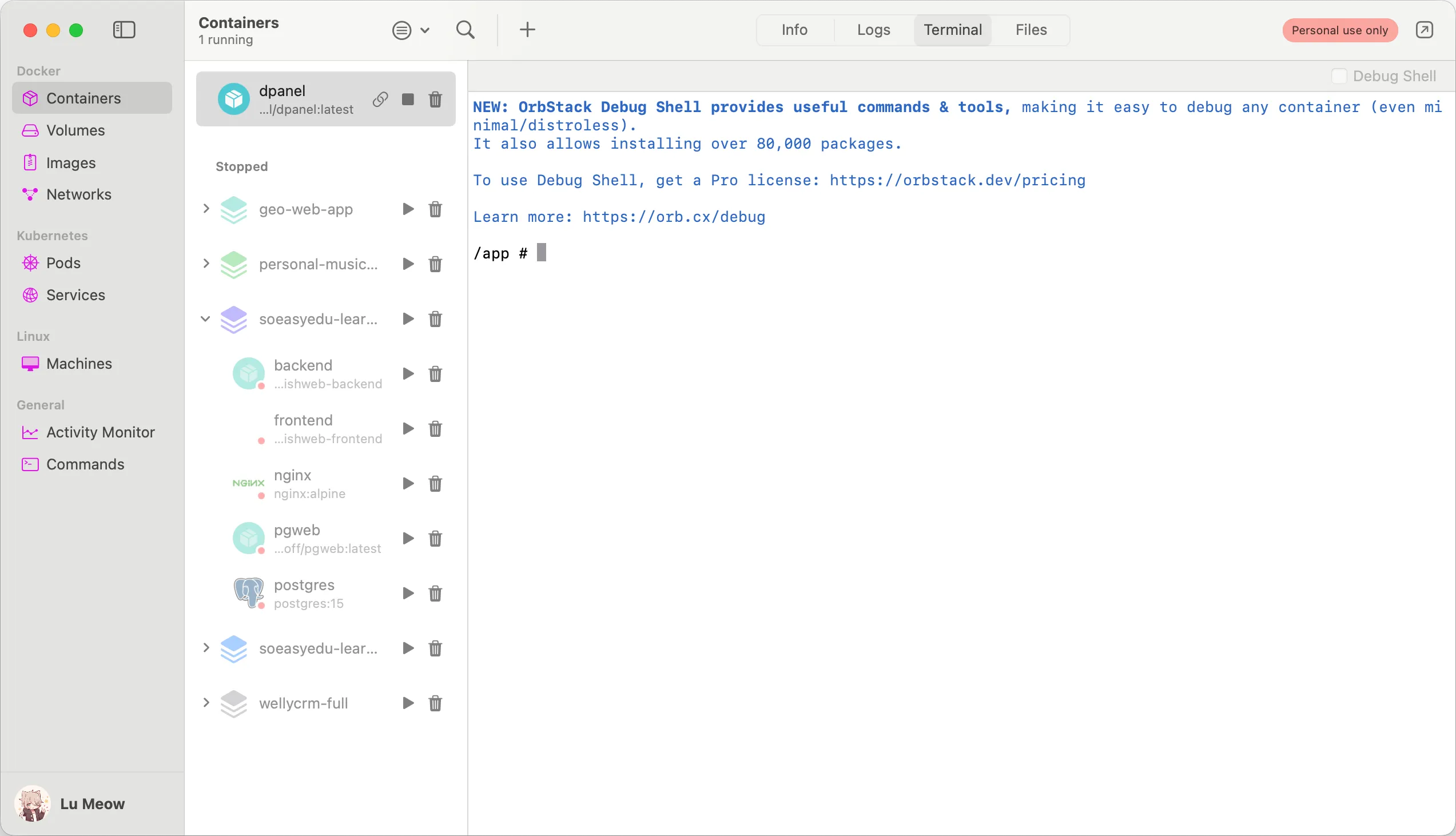 OrbStack's Terminal tab with built-in Debug Shell feature
